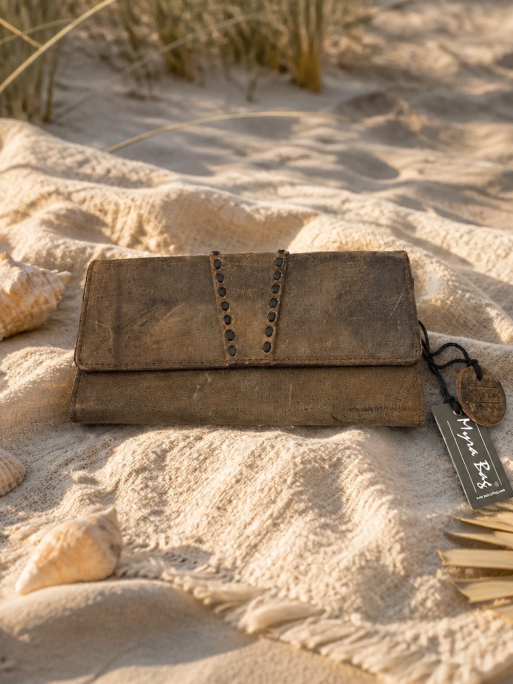 Myra Bag Distressed Brown Leather Stud-Trim Foldover Clutch